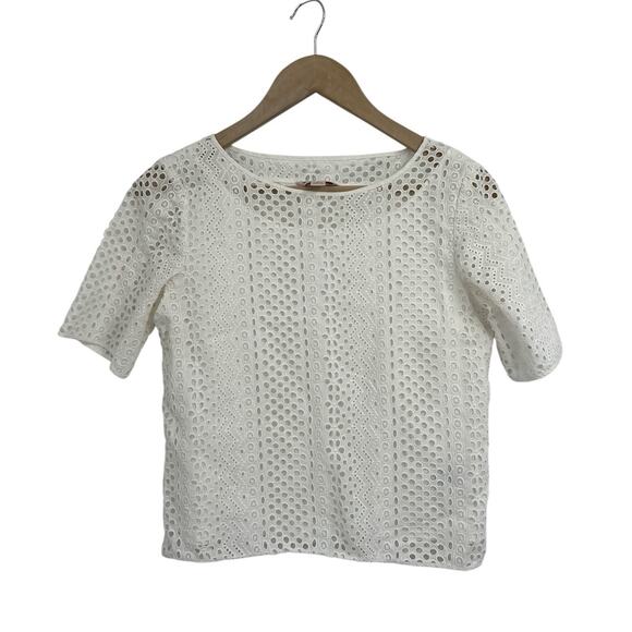 Brooks Brothers White Lined eyelet Short Sleeve Blouse Size 0 - Picture 1 of 4